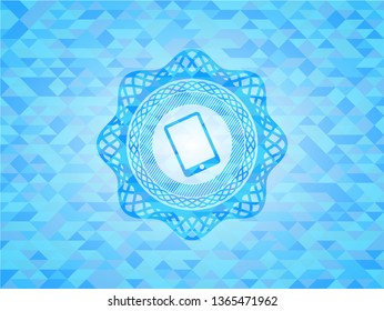 mobile phone icon inside light blue emblem with mosaic ecological style background