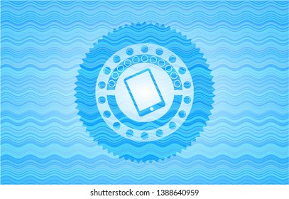 mobile phone icon inside light blue water wave style emblem.