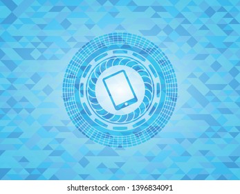 mobile phone icon inside light blue emblem with mosaic ecological style background