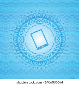mobile phone icon inside light blue water wave emblem background.
