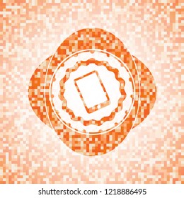 mobile phone icon inside orange mosaic emblem with background