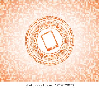 mobile phone icon inside orange mosaic emblem