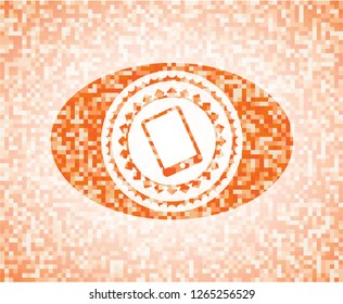 mobile phone icon inside orange tile background illustration. Square geometric mosaic seamless pattern with emblem inside.