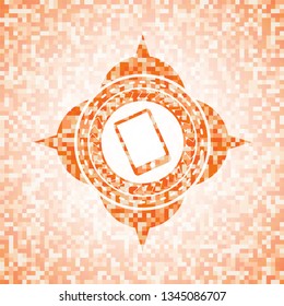 mobile phone icon inside orange tile background illustration. Square geometric mosaic seamless pattern with emblem inside.