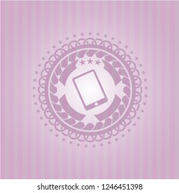 mobile phone icon inside pink emblem. Retro