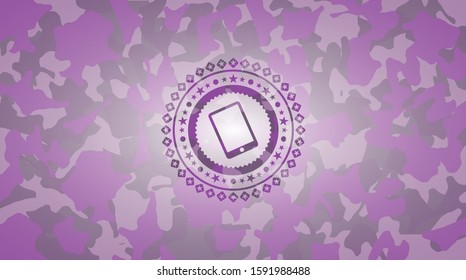 mobile phone icon inside pink and purple camo texture