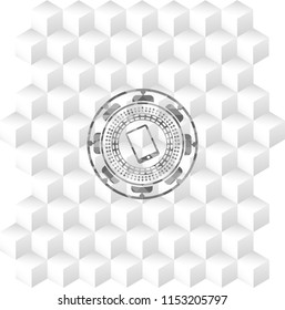 mobile phone icon inside realistic grey emblem with geometric cube white background