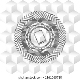 mobile phone icon inside realistic grey emblem with geometric cube white background