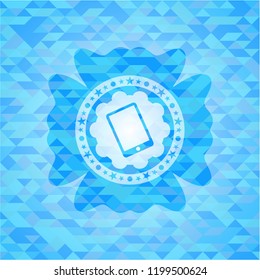 mobile phone icon inside realistic light blue emblem. Mosaic background