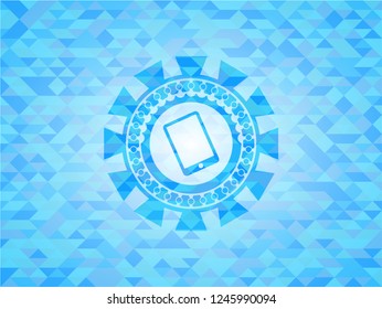 mobile phone icon inside realistic sky blue emblem. Mosaic background