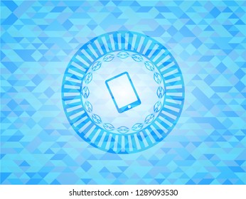 mobile phone icon inside realistic light blue emblem. Mosaic background