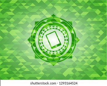 mobile phone icon inside realistic green mosaic emblem