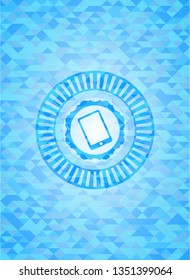 mobile phone icon inside realistic sky blue emblem. Mosaic background