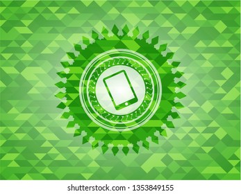 mobile phone icon inside realistic green mosaic emblem