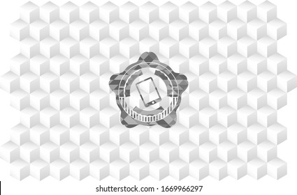 mobile phone icon inside realistic grey emblem with geometric cube white background
