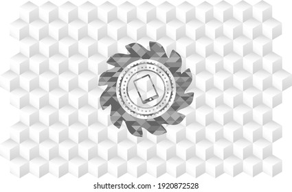 mobile phone icon inside realistic grey emblem with cube white background. 
