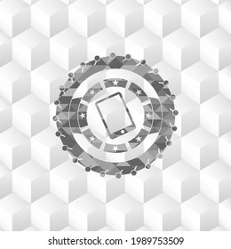 mobile phone icon inside realistic grey emblem with cube white background. 