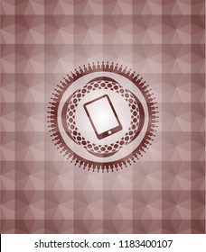 mobile phone icon inside red seamless emblem with geometric pattern.