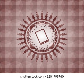 mobile phone icon inside red seamless emblem or badge with geometric pattern background.