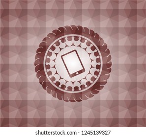 mobile phone icon inside red seamless geometric pattern emblem. Seamless.
