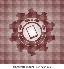 mobile phone icon inside red emblem with geometric pattern background. Seamless.