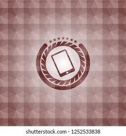 mobile phone icon inside red seamless emblem or badge with abstract geometric polygonal pattern background.
