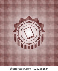 mobile phone icon inside red polygonal badge. Seamless.