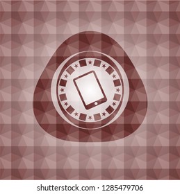mobile phone icon inside red emblem or badge with geometric pattern background. Seamless.
