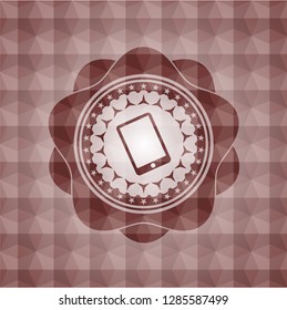 mobile phone icon inside red seamless badge with geometric background.