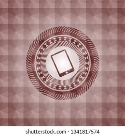 mobile phone icon inside red seamless emblem with geometric pattern.