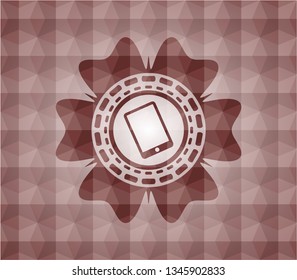 mobile phone icon inside red seamless badge with geometric pattern.