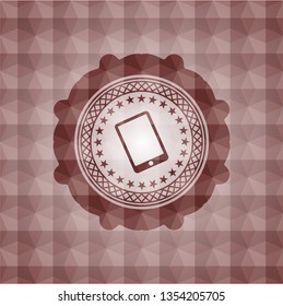 mobile phone icon inside red seamless emblem or badge with abstract geometric pattern background.