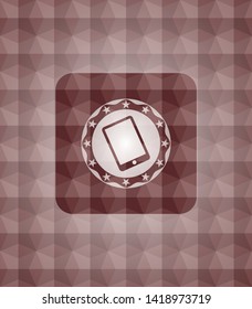 mobile phone icon inside red badge with geometric pattern. Seamless.