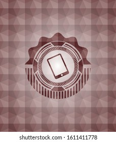 mobile phone icon inside red seamless emblem or badge with abstract geometric pattern background.