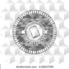 mobile phone icon inside retro style grey emblem with geometric cube white background