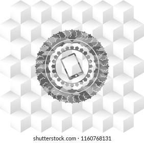 mobile phone icon inside retro style grey emblem with geometric cube white background
