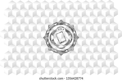 mobile phone icon inside retro style grey emblem with geometric cube white background