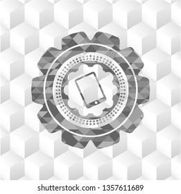 mobile phone icon inside retro style grey emblem with geometric cube white background