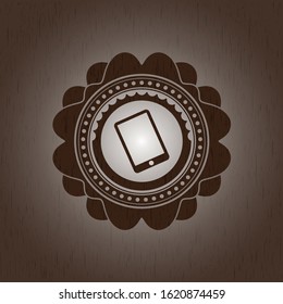 mobile phone icon inside retro wood emblem