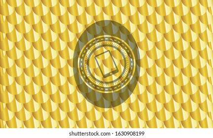 mobile phone icon inside shiny golden badge. Scales pattern. Vector Illustration. Detailed.