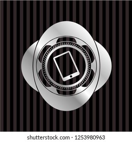 mobile phone icon inside silvery emblem