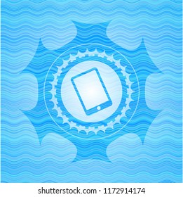 mobile phone icon inside sky blue water wave style badge.