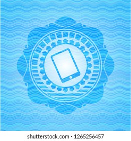 mobile phone icon inside sky blue water wave emblem background.