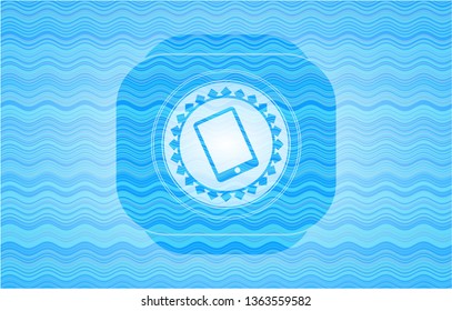mobile phone icon inside sky blue water wave badge background.