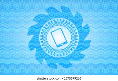 mobile phone icon inside sky blue water wave style emblem.