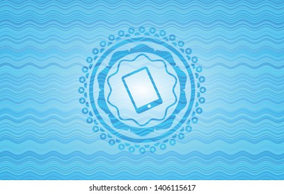 mobile phone icon inside sky blue water emblem background.