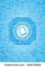 mobile phone icon inside sky blue emblem with mosaic background
