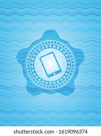 mobile phone icon inside sky blue water badge background.