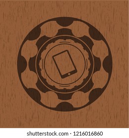 mobile phone icon inside vintage wooden emblem