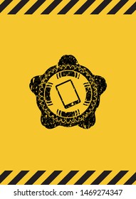 mobile phone icon inside warning sign, black grunge emblem. Vector Illustration. Detailed.